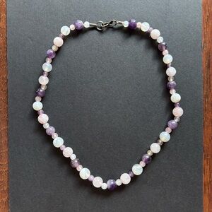 Amethyst & Rose Quartz Beaded Necklace | Natural Gemstones | 19 IN